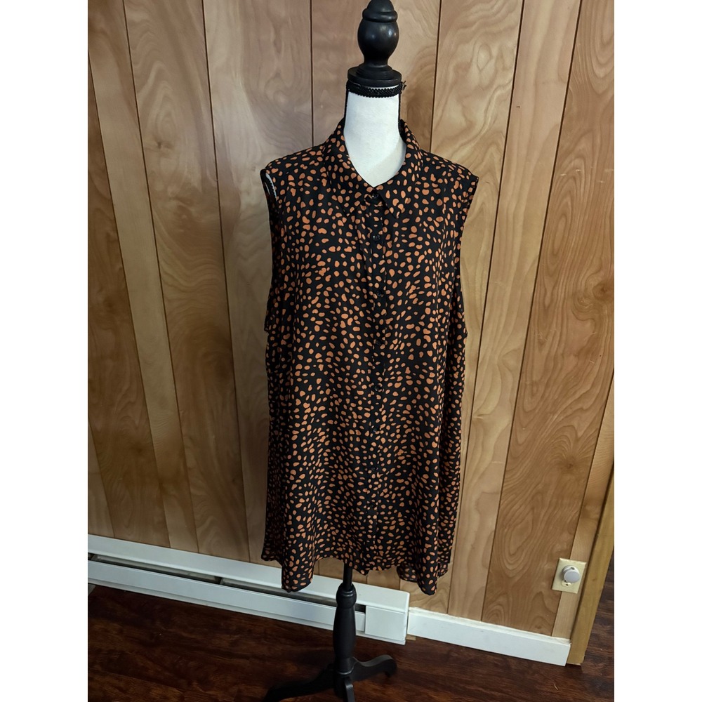 Avenue Womens Plus 22/24 Sleeveless Button Down Tunic Top Black Orange Abstract
